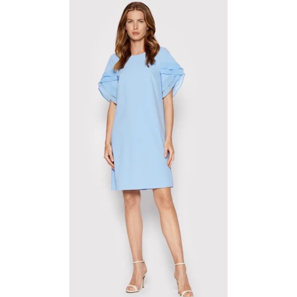 Chiffon Layered Sleeve Trapeze Dress In Navy